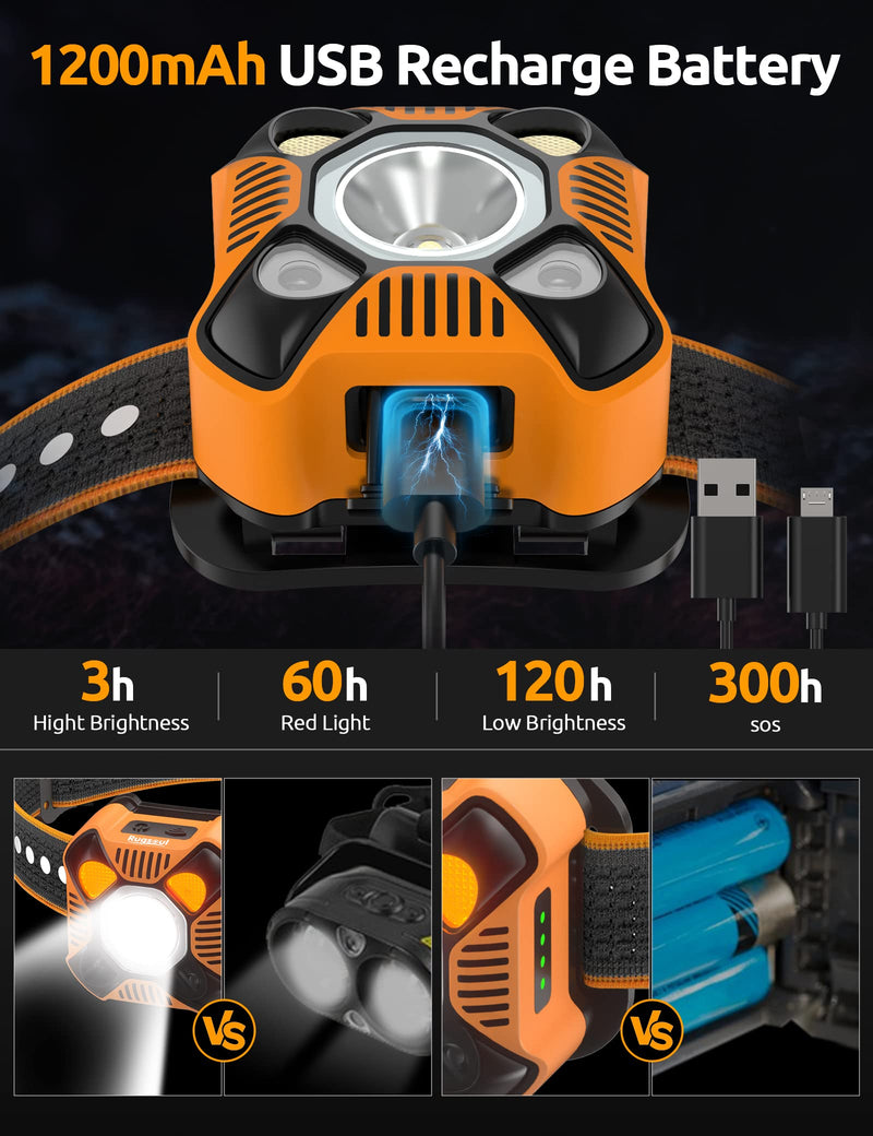 Headlamp Flashlight, IP68 Waterproof Outdoor Rechargeable LED Headlamp with 6 Lighting Modes Ultra-Light Bright Headlight for Camping, Hiking, Fishing, Cycling, Hunting Gear（Yellow Orange
