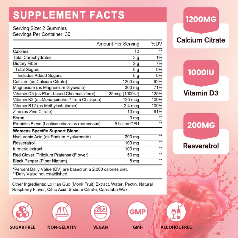 Calcium Gummies for Women，Calcium Citrate 1200 mg with Vitamin D3, K2, B12, Magnesium, Zinc & Boron, Immune Support, Calcium Supplement for Women, Vegan, Sugar-Free, 60 Count