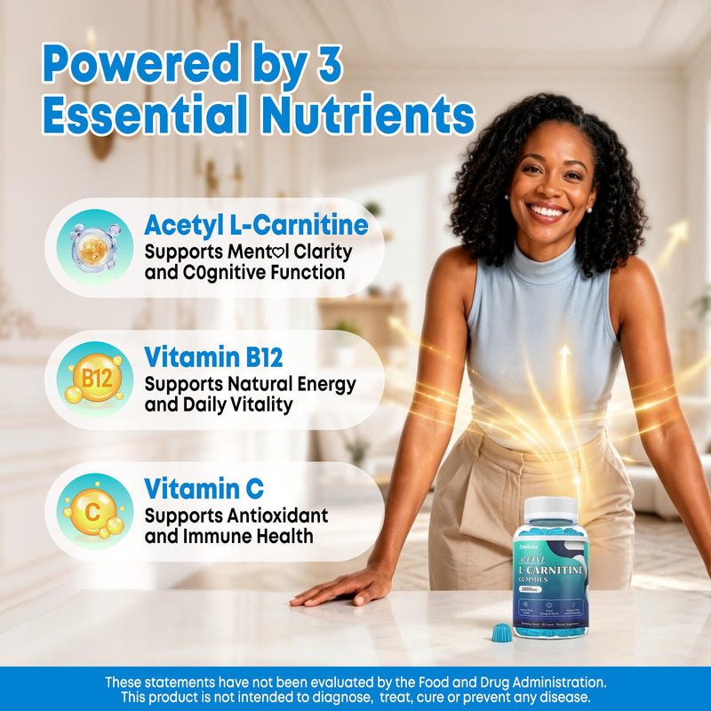 2 Pack Sugar Free Acetyl L-Carnitine Gummies, L-Carnitine Supplement for Women & Men, with Vitamin C & B12, ALCAR for Energy, Brain & Heart Health Support, Vegan, Non-GMO, 120 Count 60 Count (Pack of 2)