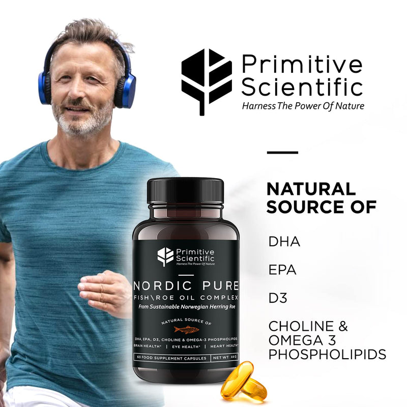 Primitive Scientific Nordic Pure Oil Complex (60 Fish Oil Capsules) for Brain, Immunity & Vision - Heart Supplement w/EPA, DHA, Vitamin D3, Choline - Omega 3 Supplements