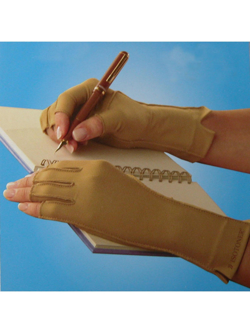 Isotoner Therapeutic Compression Fingerless Gloves, Large, Camel Tan