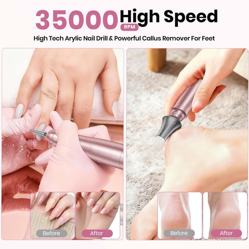 Cordless Nail Drill 35000RPM, Portable Electric Nail File for Acrylic Gel Nails, Professional Manicure Pedicure Kit, Rechargeable Pedicure Tools for feet with LCD Display, Low Noise Low Vibration Rose Gold - BeesActive Australia
