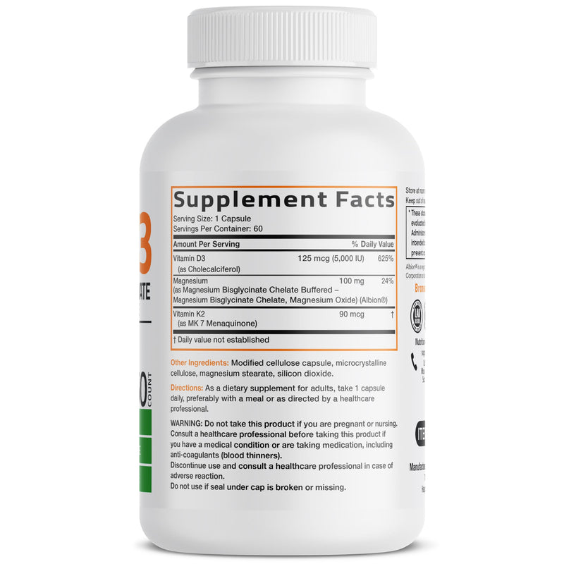 Bronson Vitamin K2+D3 Magnesium Glycinate Supplement, 60 Capsules | 3-in-1 Bone & Heart Health Support Formula, Non-GMO, Gluten Free, Soy Free 60 Count (Pack of 1)