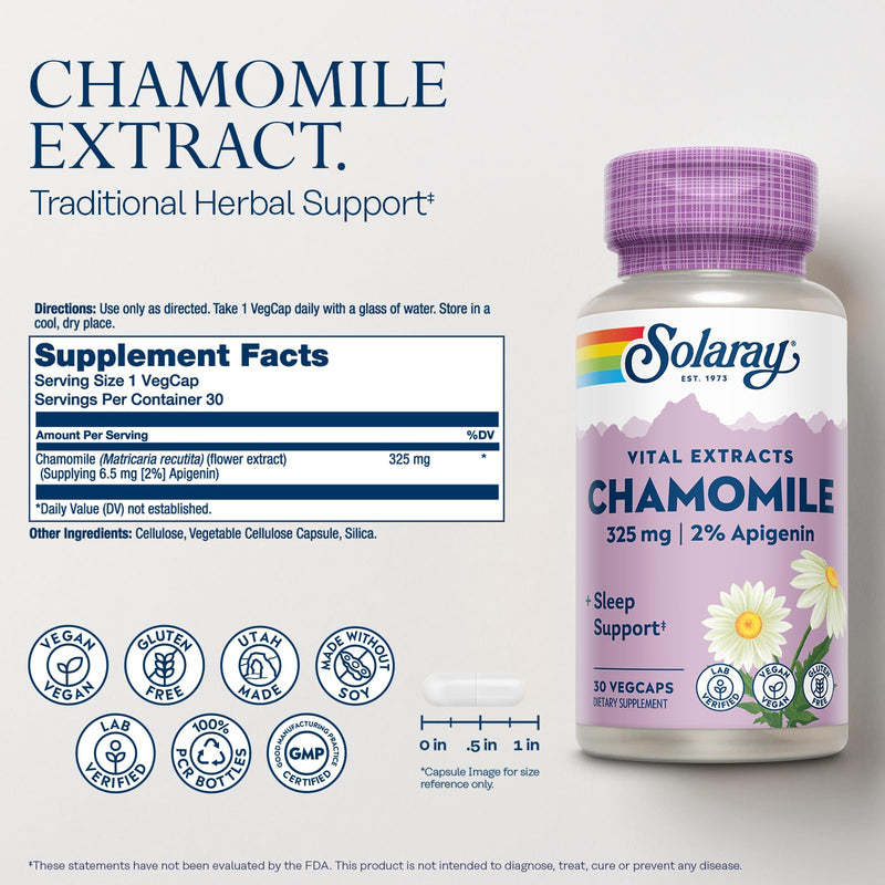 SOLARAY Chamomile Extract 325 mg - Traditional Herbal Support - Standardized to 2% Apigenin, an Antioxidant and Flavonoid - Vegan, Gluten Free, Made Without Soy, 60-Day Guarantee, 30 Serv, 30 VegCaps - BeesActive Australia