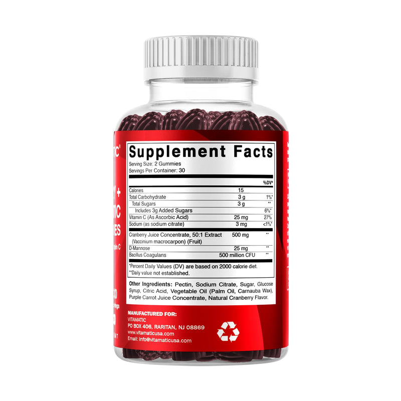 Vitamatic Cranberry + Probiotic Gummies with D-Mannose, 60 Gummies | 50:1 Extract, Supports Urinary Tract Health and Antioxidant*, Natural Cranberry Flavor, Non-GMO, Gluten Free 60 Count (Pack of 1)