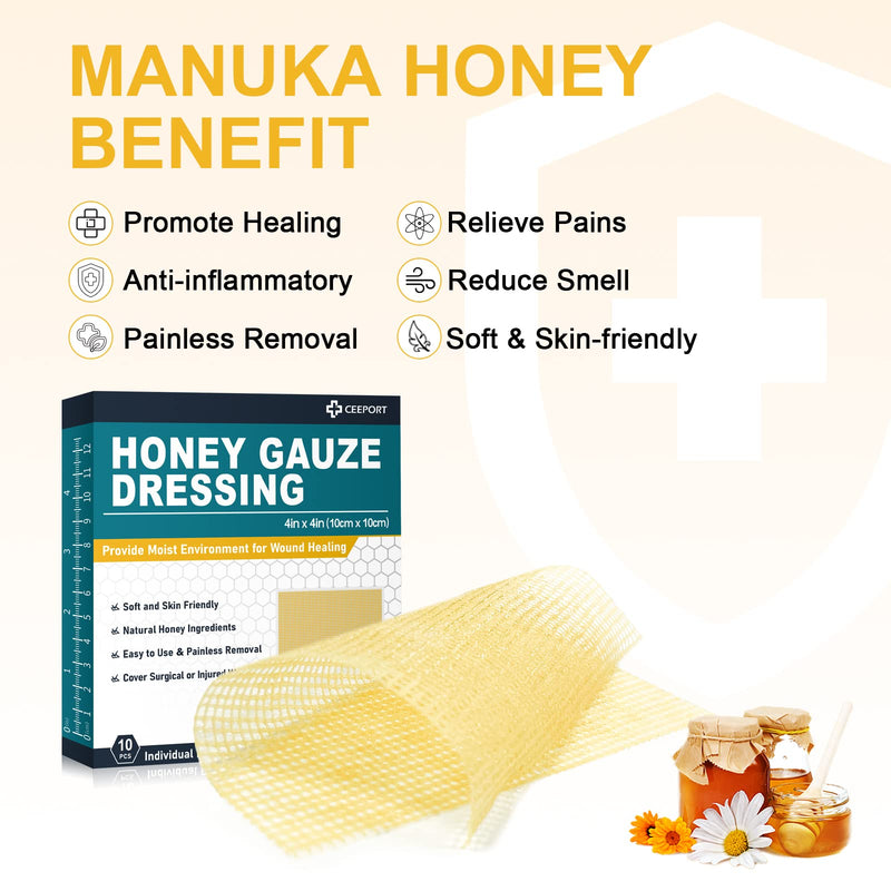 Ceeport Honey Gauze Wound Dressing, 4" x 4" Manuka Honey Wound Care, Medical Grade Honey Bandages for Wound Care, Honey Patch for Faster Healing from Burns, Abrasions, Cuts and Scalds (Pack of 10) Honey Gauze 4'' x 4'' - 10 Pack - BeesActive Australia