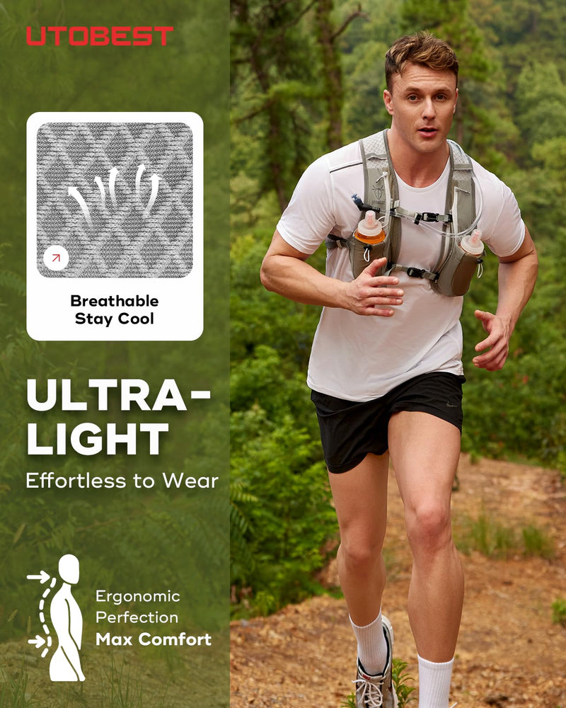 Running Vest, 5L Hydration Vest Lightweight, Breathable and Sweatproof Running Backpack, Adjustable Running Hydration Vest for Trail Running Marathon Race Jogging Cycling Gray Vest 5L with 1.5L Bladder
