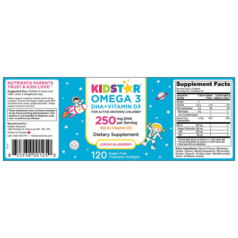 KidStar Nutrients Omega 3 with Vitamin D3, High-DHA, Lemon Blueberry, 120 Chewable Softgels
