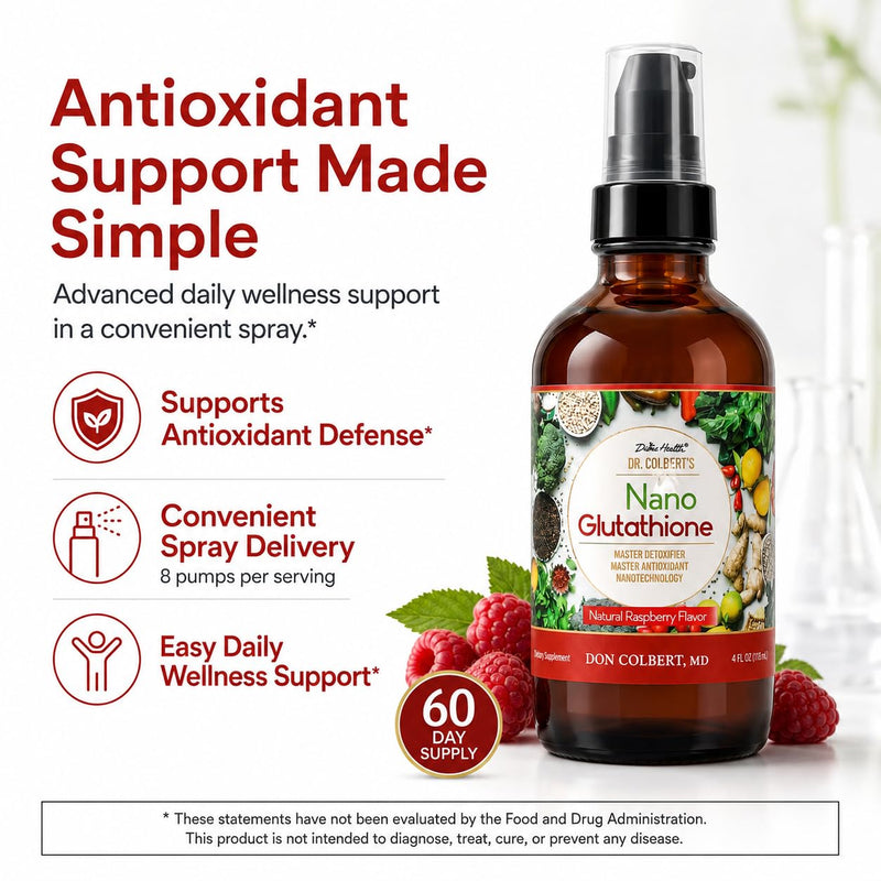 Dr. Colbert, MD Nano Reduced L-Glutathione Liquid Spray | Raspberry Flavor | by Divine Health | Nanonization | Superior Absorption | Includes Vitamin C | Sugar Free | 60 Servings | 4oz