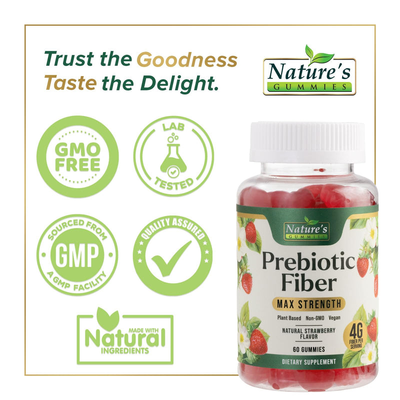 Prebiotic Fiber Gummies - 4g Dietary Fiber Per Serving - Extra Strength Daily Supplement for Adults - Tasty Strawberry Flavor - Plant Based Digestive and Regularity Support - 60 Gummies