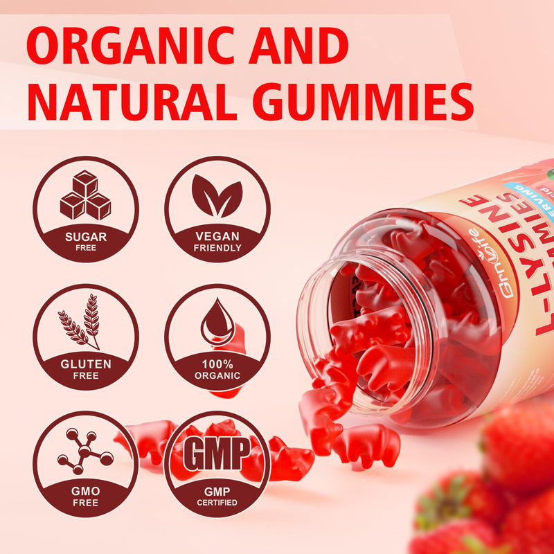 L-Lysine 1000mg Gummies, Chewable Lysine Supplement for Adults & Kids, Essential Amino Acid Supplement for Immune Support, Collagen Formation Support, Strawberry, 60 Count 60 Count (Pack of 1)