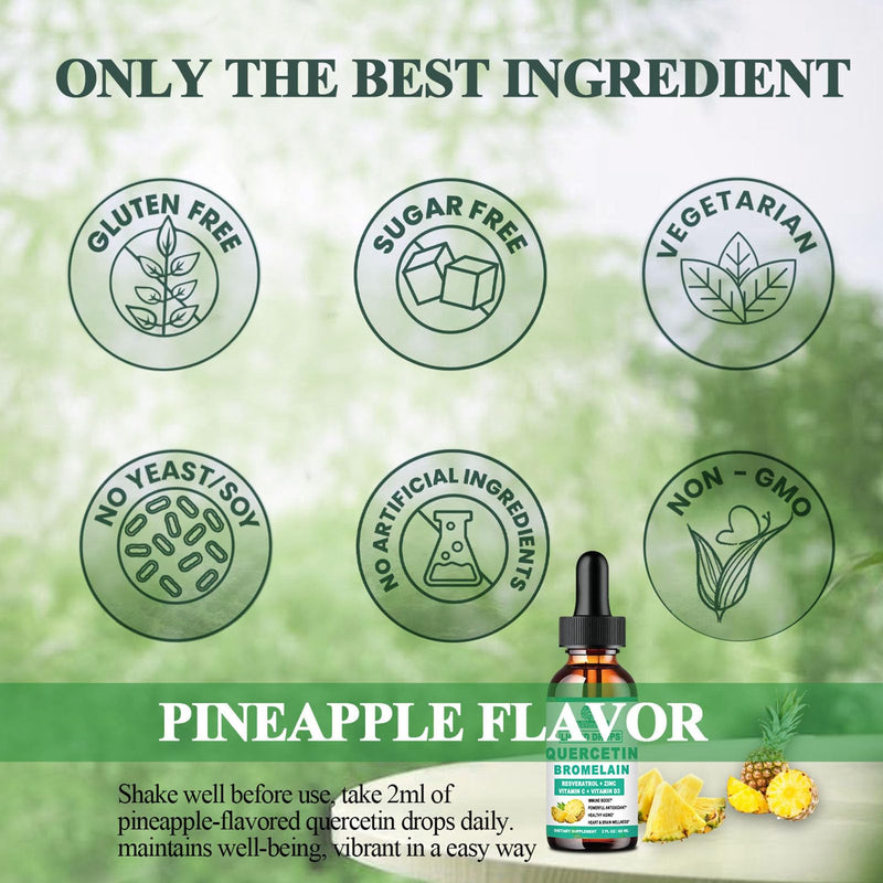 Quercetin with Bromelain, Liquid Quercetin Supplement, Capsule Alternative | Quercetin 1000mg with Bromelain 500mg, Zinc, Vitamin C & D3 for Immune, Antioxidant & Respiratory Support, Non-GMO, 2Fl Oz Pineapple 2 Fl Oz (Pack of 2)