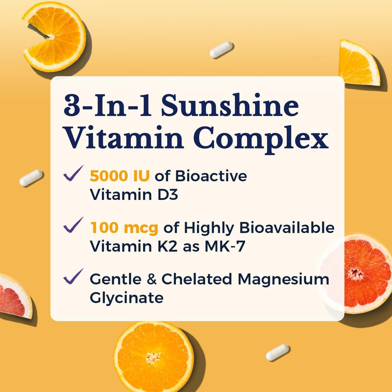 Vitalitown Vitamin D3 K2 with Magnesium, 5000 IU D3, 100 mcg K2 as MK-7, Magnesium Glycinate, Non-GMO, No Gluten, 3-in-1 Formula for Bone, Heart & Immune Health, 60 Capsules