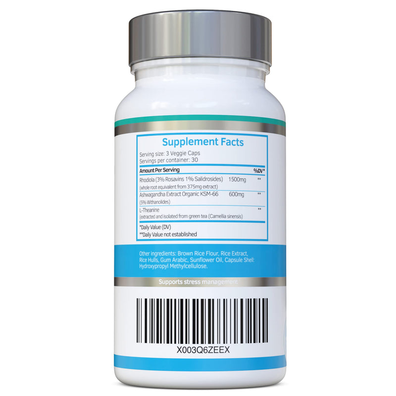 Rhodiola & Ashwagandha with L-Theanine - Award Winning Ashwagandha KSM-66 600mg & 1500mg Rhodiola (3% Rosavins - 1% Salidrosides) whole root equivalent- adaptogen combo- No artificial fillers - BeesActive Australia