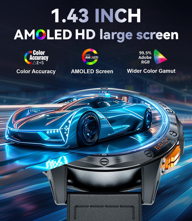 LIGE GPS Smart Watches for Men, Bluetooth Call, LED Flashlight, Compass, 1.43" AMOLED Fitness Watch with Heart Rate/Sleep Monitor, 100+ Sports Modes, iOS Android Compatible, Military Outdoor, Black DM1-E