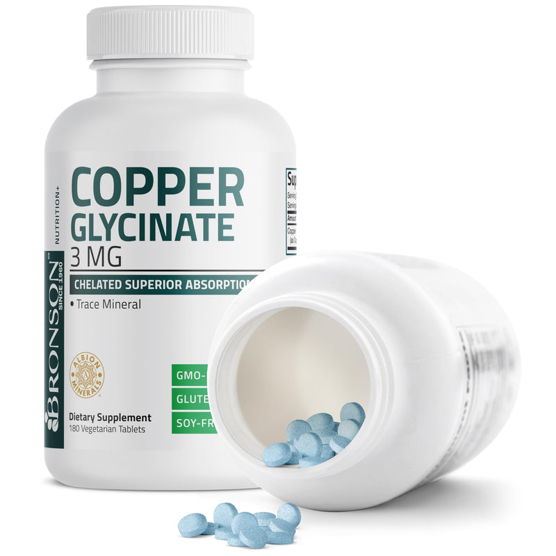 Bronson Copper Glycinate 3mg Chelated Superior Absorption Non-GMO, 180 Vegetarian Tablets