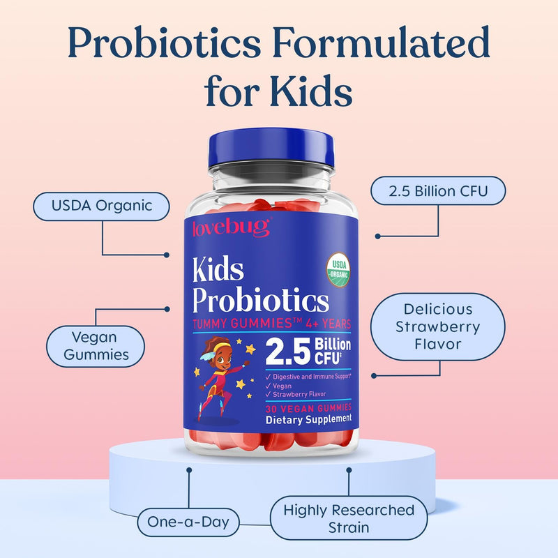 LOVEBUG Kids Probiotic Gummies – Organic Chewable Probiotics for Kids Aged 4+, Soil-Based Children’s Probiotic for Gut Health, Constipation, Digestive & Immune Support, Vegan, 60 Chews, Strawberry 30 Count (Pack of 2)