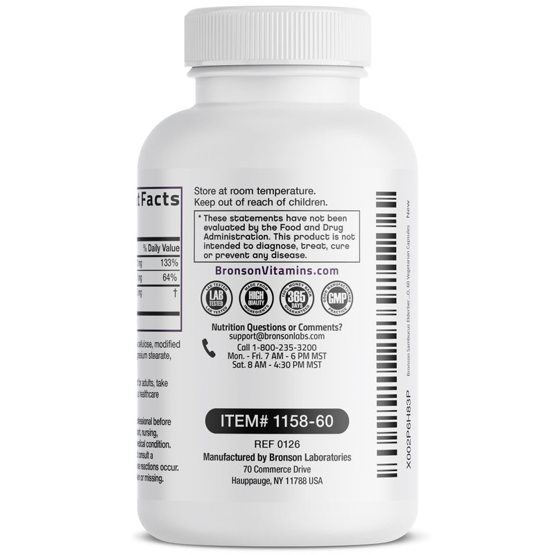 Bronson Elderberry with Zinc & Vitamin C Triple Immune Support, 60 Capsules | 125 mg Elderberry, 120 mg Vitamin C & 7 mg Zinc, Antioxidant Support, Vegetarian, Non-GMO, Gluten-Free & Soy-Free