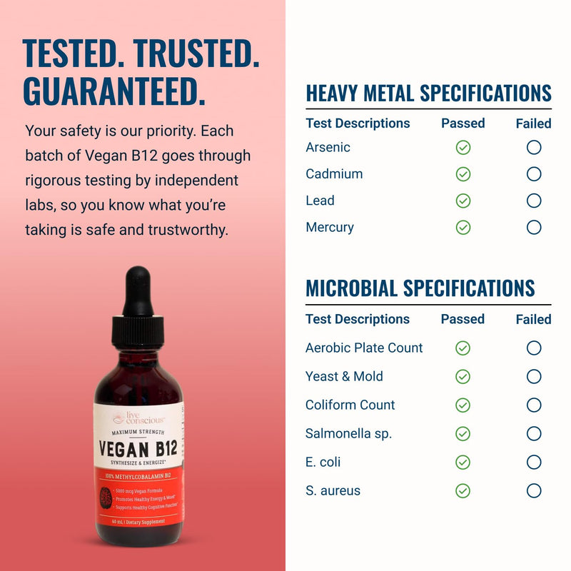Live Conscious Vegan Vitamin B12 Sublingual Liquid Drops | Methylcobalamin Max Strength B12 5000mcg Formula | Vegan B 12 Vitamin Support Energy | Promote Memory & Aid Immune System | 60 Serving 2 Fl Oz (Pack of 1)