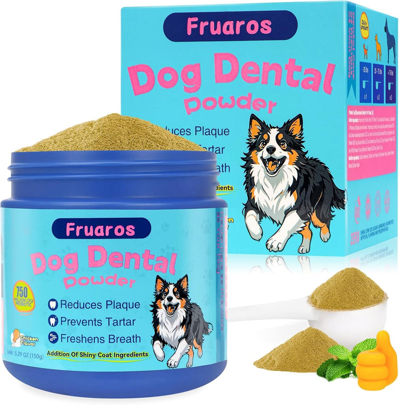 [3-in-1] Dog Dental Powder for Plaque and Tartar Support - 750M CFU Probiotics & Brown Algae Dog Breath Freshener - Vet-Grade Teeth Cleaning, Gut & Coat Health - 5.3 oz (150g) for Medium Breeds Medium Dogs (5.3 oz / 150g) - 75 Day Supply