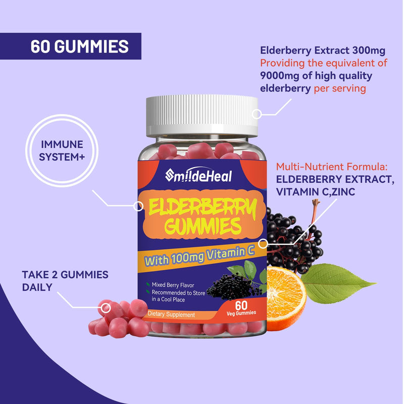 Elderberry Gummies 300mg, with Vitamin C and Zinc, 60 Count | Elderberry Gummies, Elderberry Extract 300mg, with Vitamin C and Zinc, Strawberry Flavor GummiesImmune Support, 60 Count 60 Count (Pack of 1)