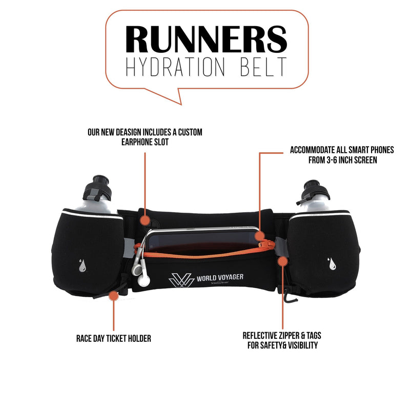Premium Quality No Bounce Runners Hydration Belt With Reflectors, Smartphone Pocket & BPA free Water bottles Orange