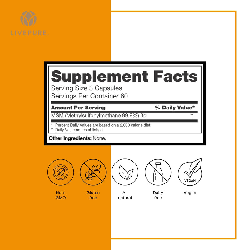 PURE | Organic Sulfur MSM | 180 Capsules | Premium MSM Powder for Joint Health | MSM Powder for Hair Growth and for Enhanced Health of Hair, Skin, and Nails | Vegan, Non-GMO, and Gluten Free - BeesActive Australia