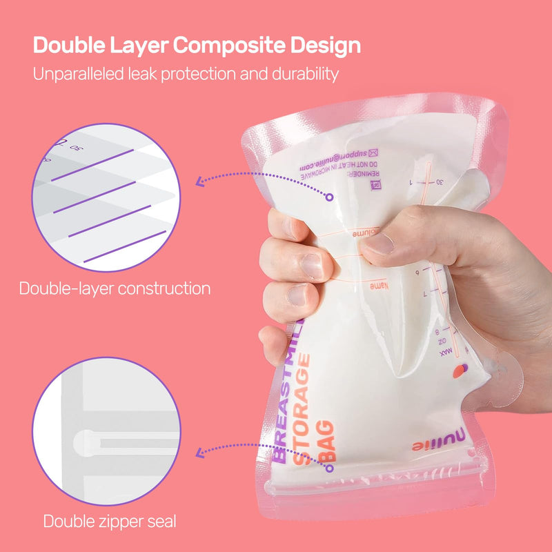Nuliie 120 Pcs Breastmilk Storage Bags, 8 OZ Breast Milk Storing Bags, BPA-Free, Milk Storage Bags with Pour Spout for Breastfeeding, Self-Standing Bag, Space Saving Flat Profile 120 Count (Pack of 1) - BeesActive Australia