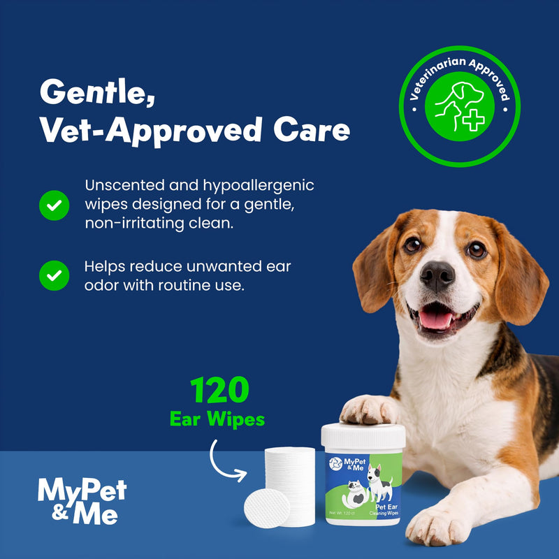 My Pet & Me Dog & Cat Ear Cleaning Wipes, 120 Ct — Remove Wax, Dirt & Odor | Alcohol-Free Honey & Oat Formula for Itchy, Sensitive Ears | Pre-Moistened Pet Ear Cleaner Pads