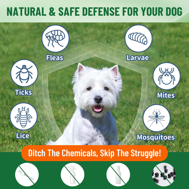 Natural Flea and Tick Prevention Chewables for Dogs & Natural Flea and Tick Prevention Drops for Dogs - 200 Chews & 60ml, Skin & Coat Support, and Flea Protection