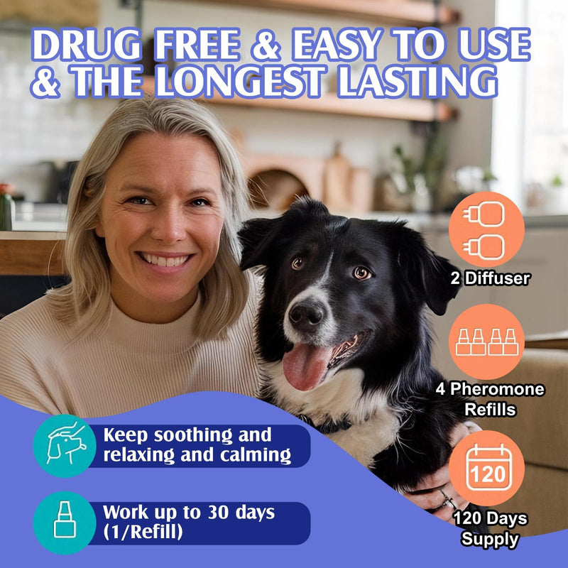 Dog Calming Pheromones Diffuser, 6 in 1 Kit Appeasing Pheromone Diffuser to Calm Dogs, Dog Anxiety Relief Lasting 120 Days with 2 Diffuser + 4 48ml Refill - PawsPlanet Australia