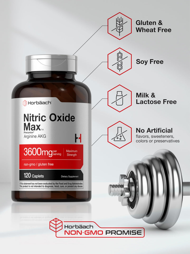 Horb√§ach Nitric Oxide Max 3600mg | 120 Caplets | with Arginine AAKG for Men and Women | Vegetarian, Non-GMO, & Gluten Free Pre Workout Supplement