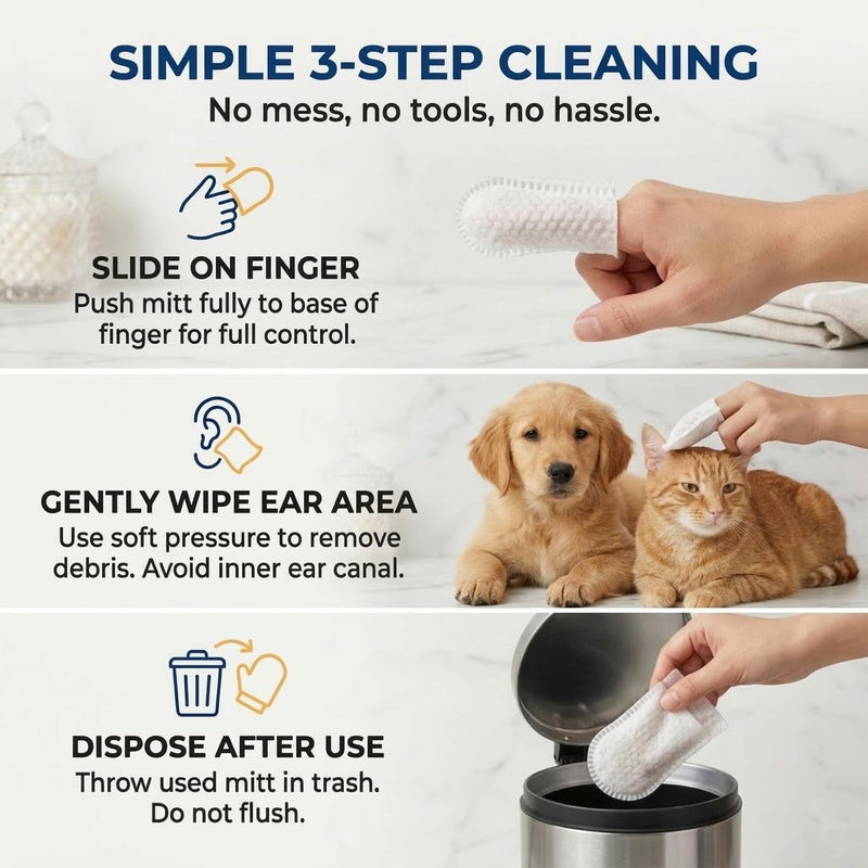 Dog Ear Wipes - 150 Count Finger Ear Cleaner for Cats, Alcohol Free Plant Based Ear Cleaning, Remove Wax Dirt Odor Ear Therapy Wipes