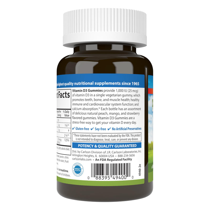Carlson Vitamin D3 Gummies, 1000 IU (25 mcg), 60 Vegetarian Gummies | Mixed Fruit; Bone Health; Calcium Absorption; Non-GMO 60 Count (Pack of 1)