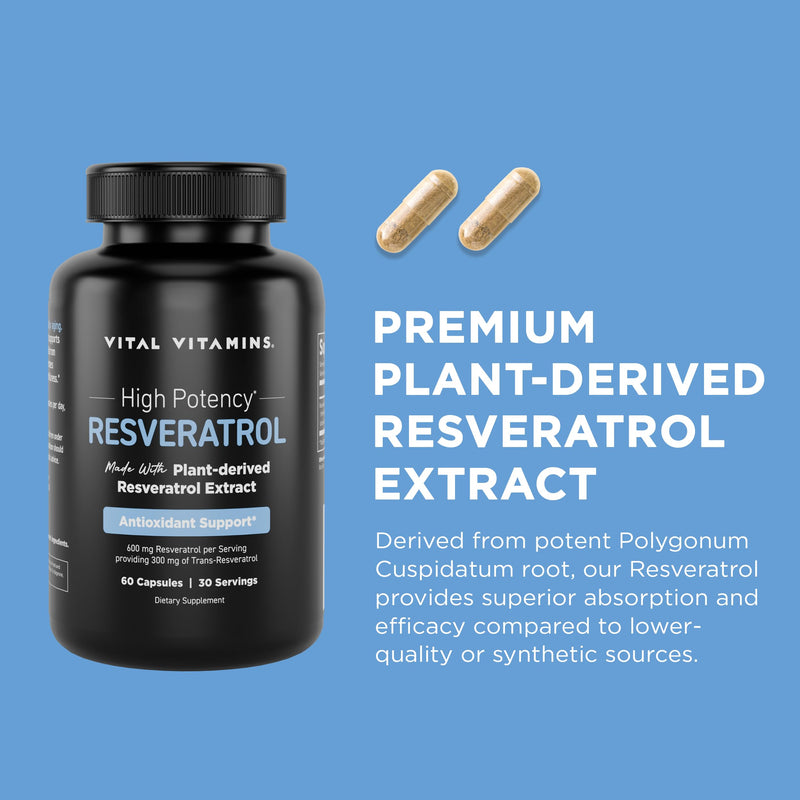 Vital Vitamins Resveratrol, 600mg with 300mg Trans-Resveratrol | Antioxidant Support for Cellular Longevity & Cognitive Function, Non-GMO, 60 Capsules 60 Count (Pack of 1)