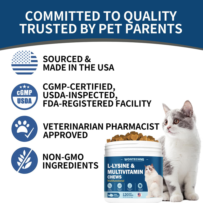 L-Lysine Supplement for Cats, Cat Vitamins for Sneezing, Runny Nose, Cold, Immune Support, Eye Function and Respiratory Health, Natural Lysine Cat Treats (120 Chews, Tuna) 120 Chews