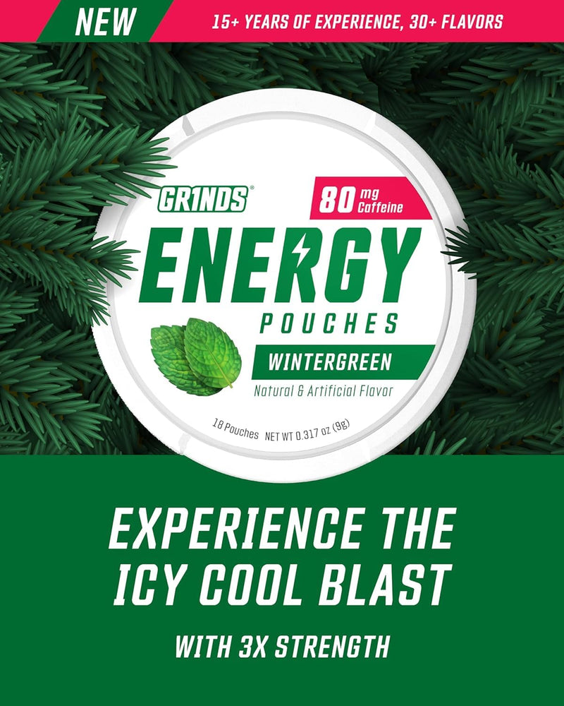 GRINDS Energy Pouches | Wintergreen Flavor | 3 Cans | 80mg Natural Caffeine Per Pouch | Sugar-Free & Zero Calories | With B-Vitamins | 18 Pouches Per Can Wintergreen 3