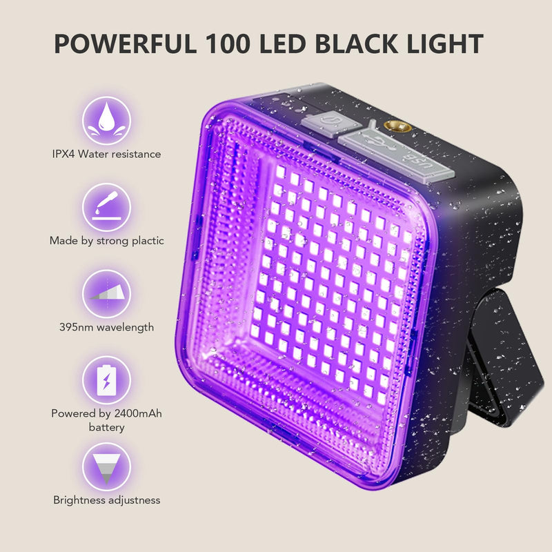 UV Flashlight Black Light 2400 mAh Rechargeable Battery,100 LED 395 nM Ultraviolet Blacklight Pet Urine Detector for Dry Dog/Cat Urine Stains Detection, Bed Bug, Scorpions Finder UV Black Light - BeesActive Australia