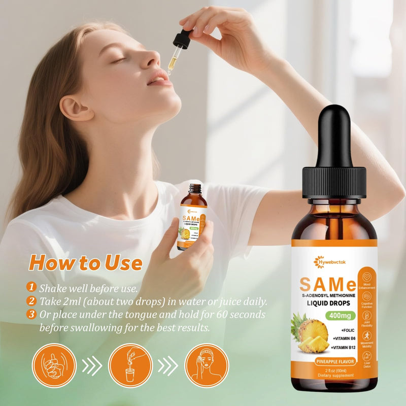 Liquid SAM E Drops,SAM-E(SAMe) Supplement 400MG S-Adenosyl-L-Methionine | with Vitamin B6,B12,Folate,Joint Support&Liver Health,Pineapple Flavor,98% Absorption&Better Bioavailability,0 Sugar,2 FL OZ