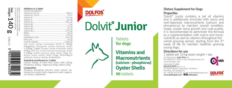 Dolvit Junior 90 tablets Vitamins Minerals Calcium from Oyster Shells for Dogs