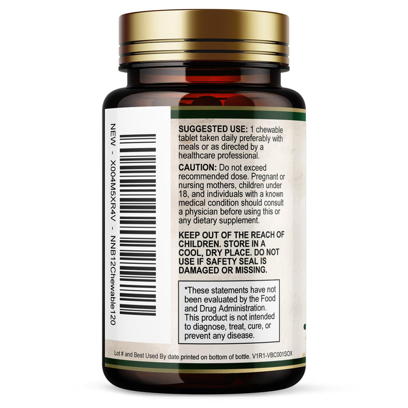 Vitamin B12 - 1000 mcg Per Serving Maximum Strength Methylcobalamin B-12 Chewable Tablet - Energy, Nervous System & Brain Support - Fast Dissolve, Gluten-Free, Non-GMO for Women & Men - 120 Tablets 120 Count (Pack of 1)