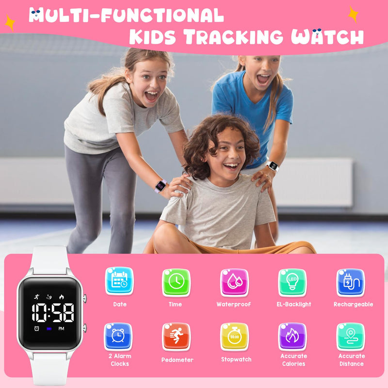 Kids Digital Watches for Boys Girls, Sports Watch with Fitness Tracker, Pedometer, Alarm Clocks, Stopwatch, No App Needed Waterproof Kids Watch, Gift for Teens Student Girls Boys Ages 5-14 L6615E-White