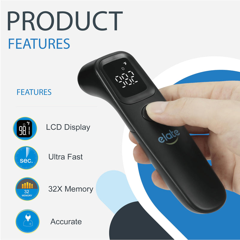 Elate Medical Grade Non-Contact Forehead Thermometer for Adults and Kids, No-Touch Digital Infrared Thermometer for Infants/Newborns, Touchless Temporal Thermometer for Fever, Black - BeesActive Australia