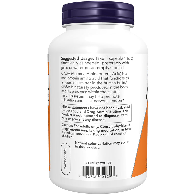 NOW Foods Supplements, GABA (Gamma-Aminobutyric Acid) 750mg, Neurotransmitter Support*, 200 Veg Capsules 200 Count (Pack of 1)