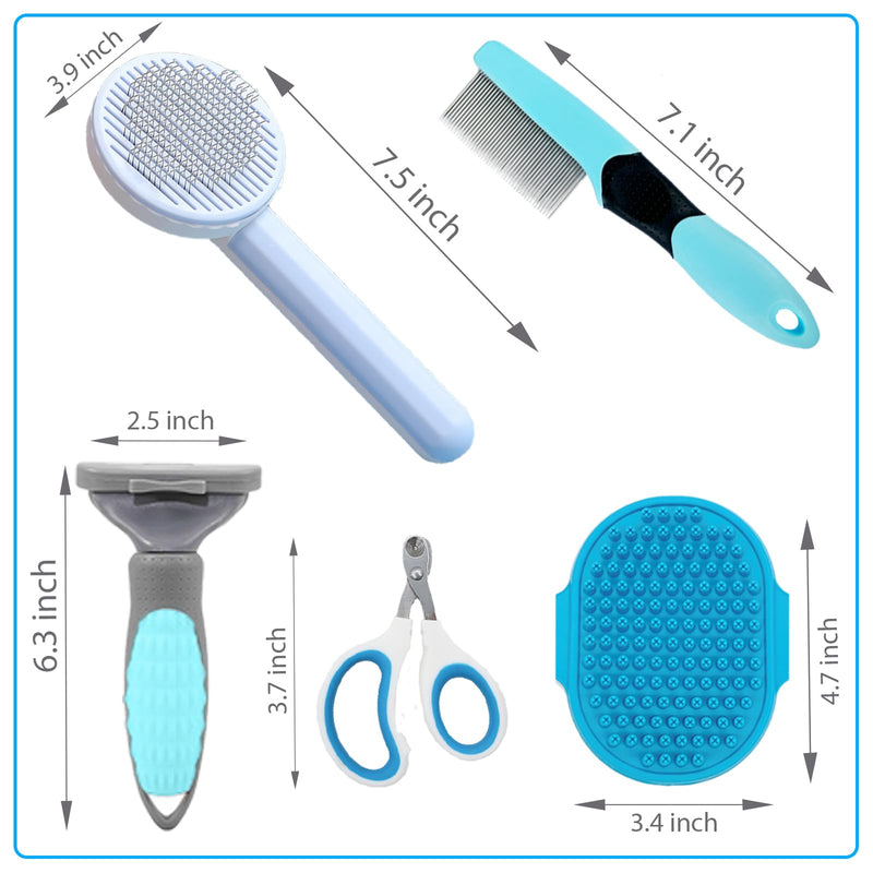 Cat Brush Shedding Brush Kit 5pcs - Cat Brush for Grooming for Long Haired Cats, Cat Brushes for indoor Cats, Dog Brush Kit for Small Dogs, Cat Brush for Matted Fur Hair with Flea Comb Set Blue - BeesActive Australia