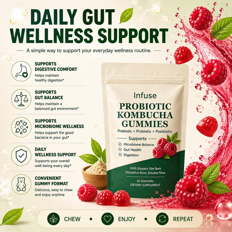 Kombucha Gummies, with Kombucha, Prebiotic & Dandelion Root, Daily Wellness Support, Daily Gut Health & Digestive Comfort Support, Sugar Free, Raspberry Flavor, 60 Gummies 1