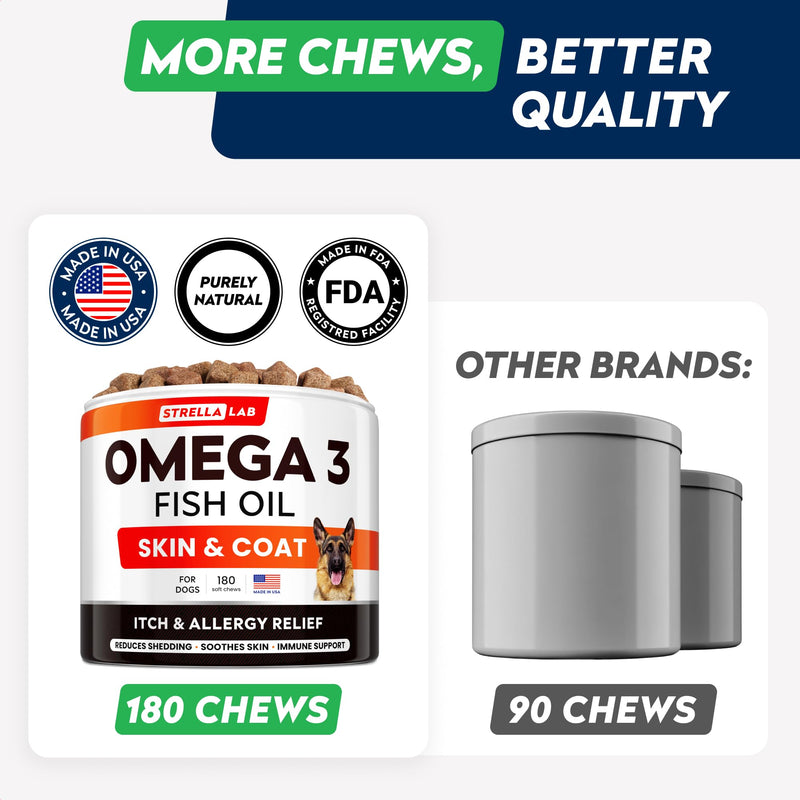 StrellaLab Omega 3 for Dogs - (180Ct) Fish Oil Treats - Allergy & Itch Relief Skin&Coat Supplement - Dry Itchy Skin, Shedding, Hot Spots Treatment, Anti Itch - Pet Salmon Oil Chews - Atlantic Salmon 180 Ct