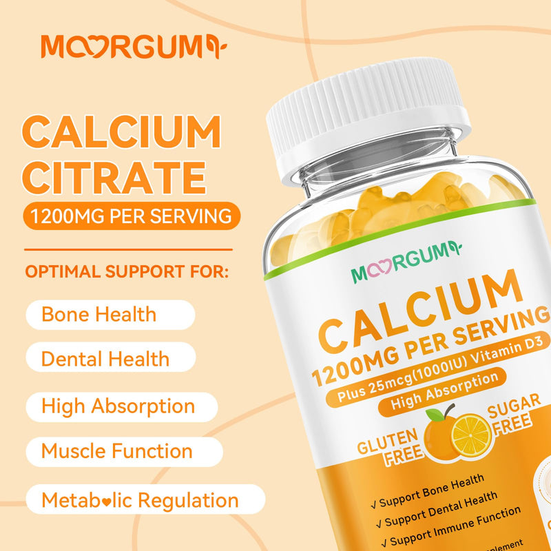 Calcium Citrate Gummies for Kids, Adult - 1200 mg with Vitamin D3 1000IU - Support Bone, Teeth, Immune Health, High Absorption Calcium and Vitamin D Supplement, Orange Flavor, 60 Count 60 Count (Pack of 1)