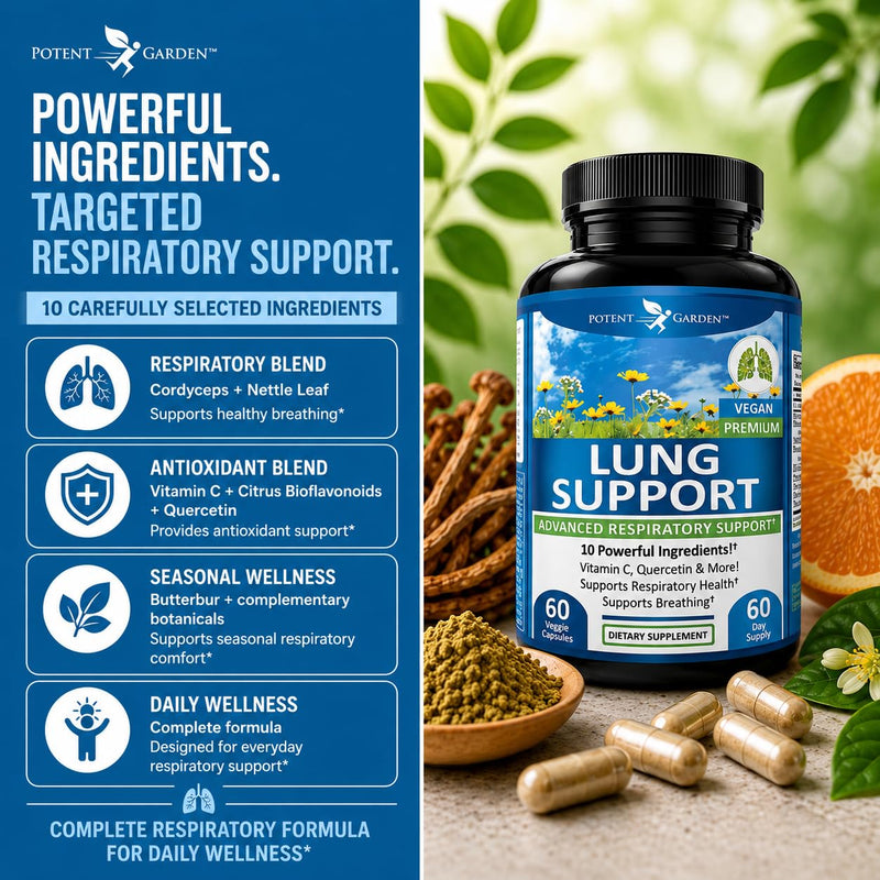 Potent Garden Lung Support – 10-Ingredient Respiratory Wellness Formula with Vitamin C, Quercetin & Herbal Blend – Daily Lung & Immune Support – Vegan Capsules, 60 Count (60-Day Supply)