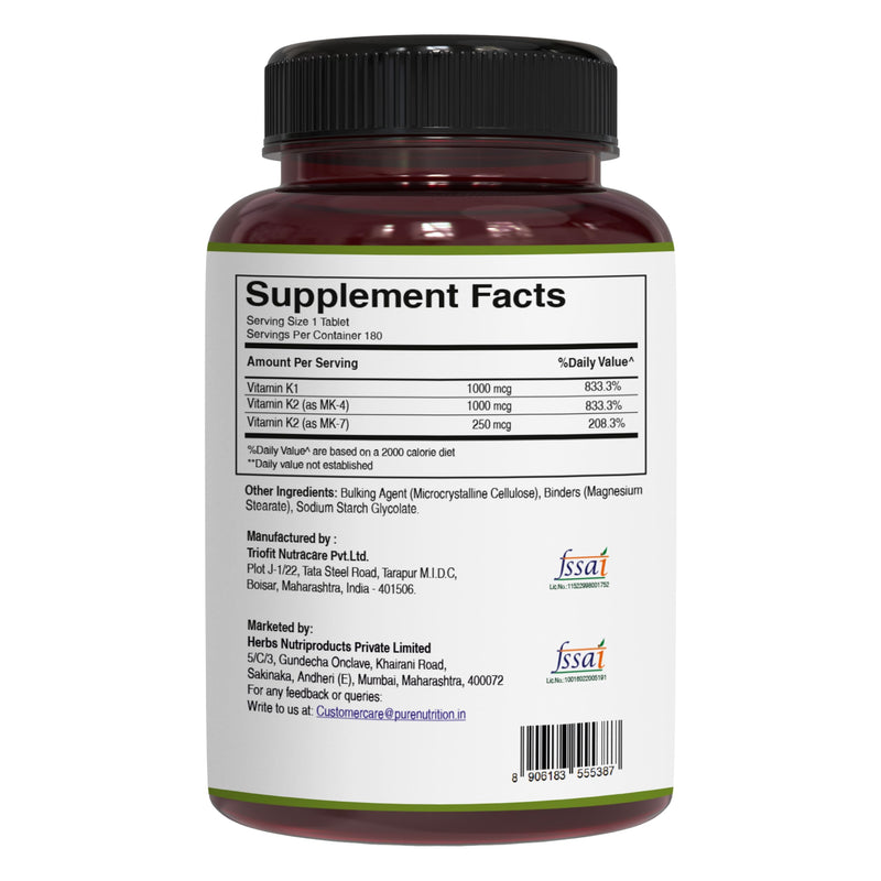 Pure Nutrition Vitamin K Complex K1 + K2 | 2250 mcg | 180 Tab | Full Spectrum K Vitamin Supplement with K1 1000mcg | Non GMO | Gluten Free 180 Count (Pack of 1)